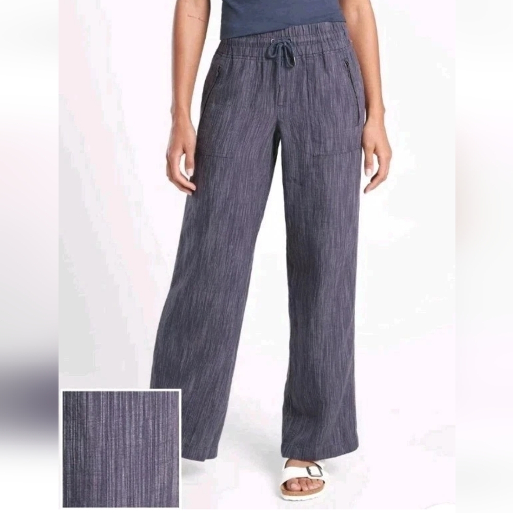 Athleta Cabo Linen Textured Wide Leg Pants Woman Plus 20W Blue Micro Striped